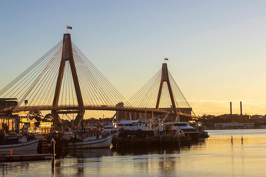 sydney, bro, havn, solnedgang, Australia, hengebro, arkitektur, by, bybildet, landemerke, vann