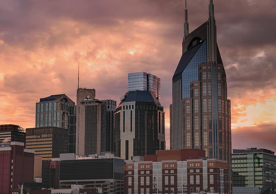 городской пейзаж, заход солнца, город, здания, архитектура, небо, облака, городской, небоскребы, линия горизонта, Nashville
