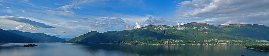innsjø, lake maggiore, Europa, fjell, Gambarogno, Sveits, landskap, skyer, panorama, Brissago, vann