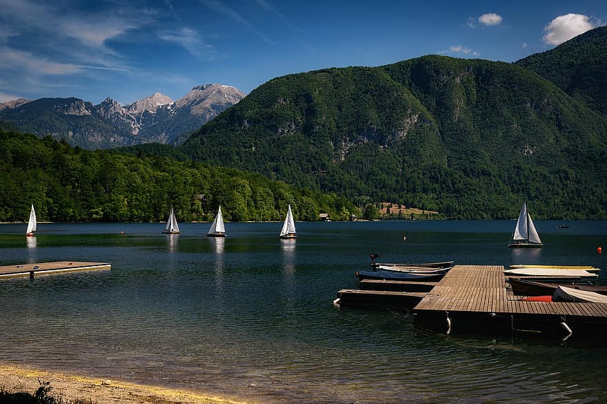 スロベニア、ボーヒニ、湖、自然、山岳、アルプス、ヨット、ボート、桟橋、セーリング、船