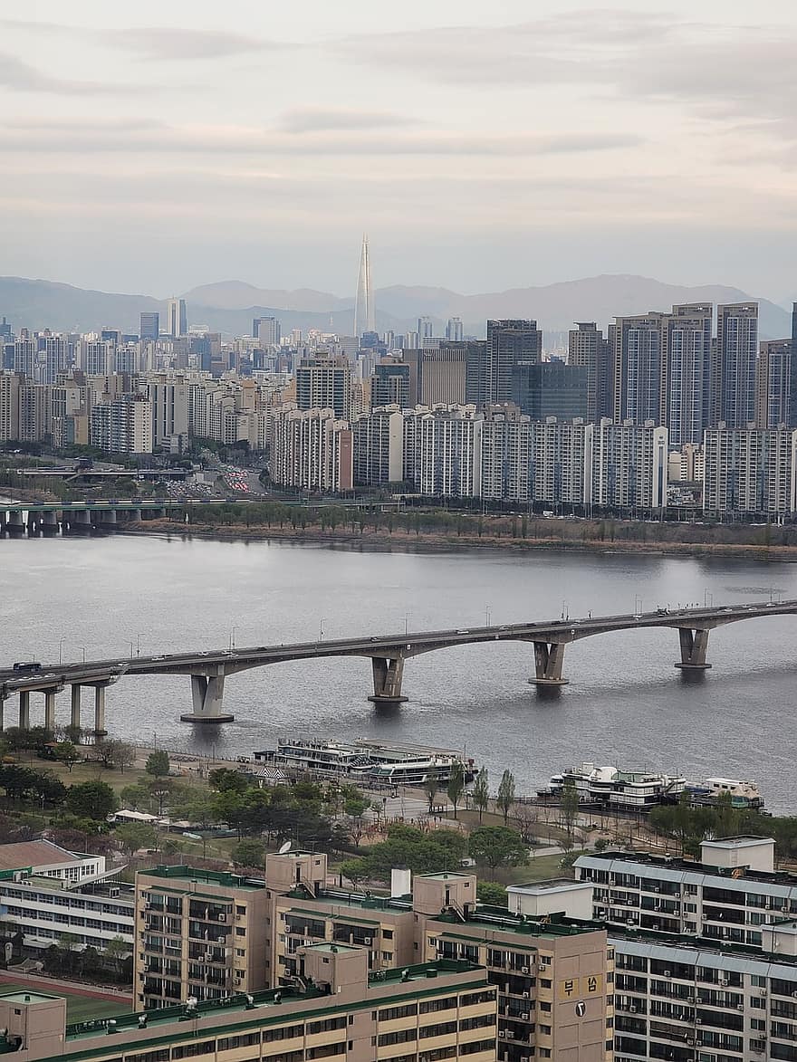 Seulas, miestas, Pietų Korėja, yeouido, pastatai, han upė, upė, Azijoje, dangoraižiai