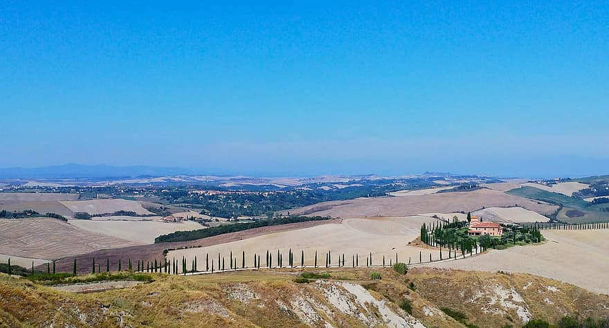природа, околност, на открито, Тоскана, Италия, val d'orcia, хълмове, дървета, селска сцена, ферма, пейзаж