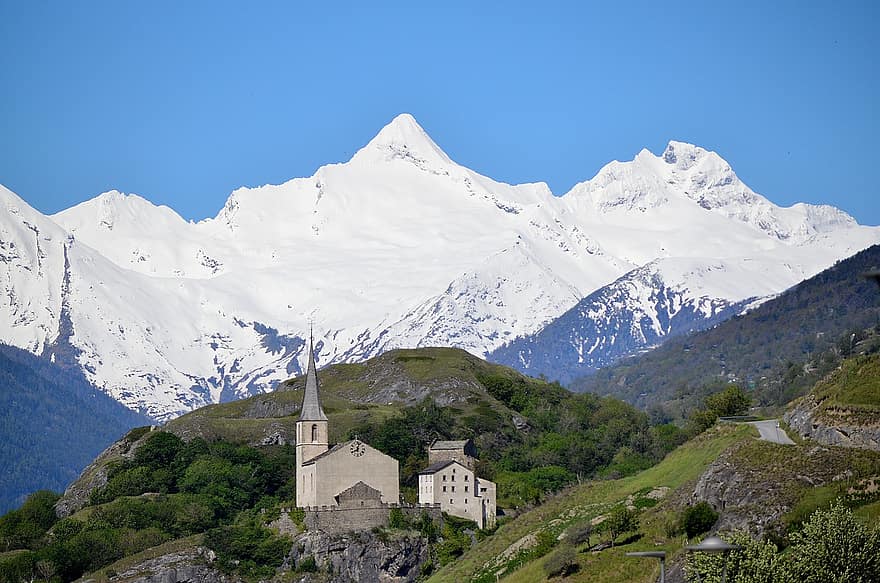 alpine, bjerge, sne, topmøde, panorama, natur, landskab, forår, kirke