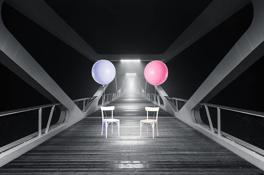 Chair, Chairs, Balloon, Balloons, Float, Floating, Bridge, Supports, Elated, Light, Dark