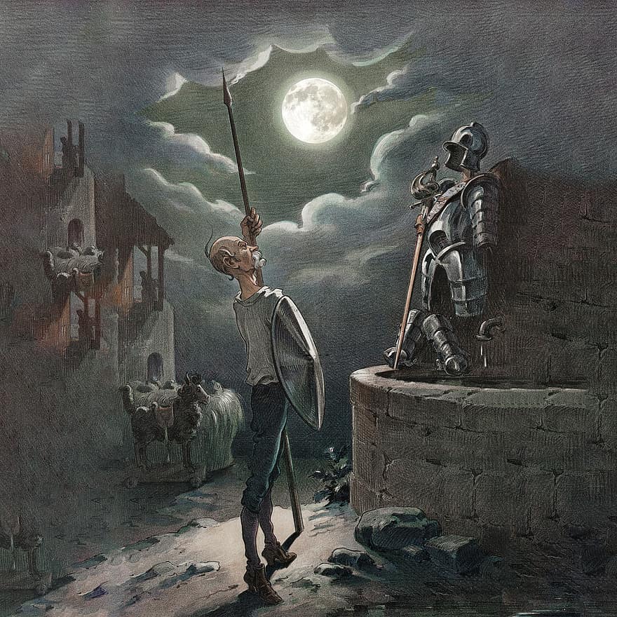 Don Quixote, Armor, Cartoon, Knight, Moon, Parody, Night, Midnight, Evening, Full Moon, Moonlight