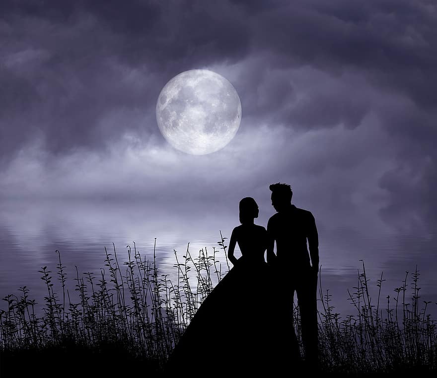 kærlighed, par, romantik, sammen, forhold, himmel, silhuet, nat, fuldmåne, romantisk aften, sø