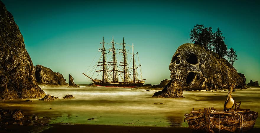Ship, Skull, Rowing Boat, Pelican, Beach, Waves, Shore, Composing, Fantasy