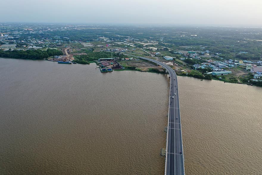 puente, río, Puente Mi Loi, coches, ciudad, pueblo, orilla del río, Vietnam, vista aérea, agua, vista de alto ángulo