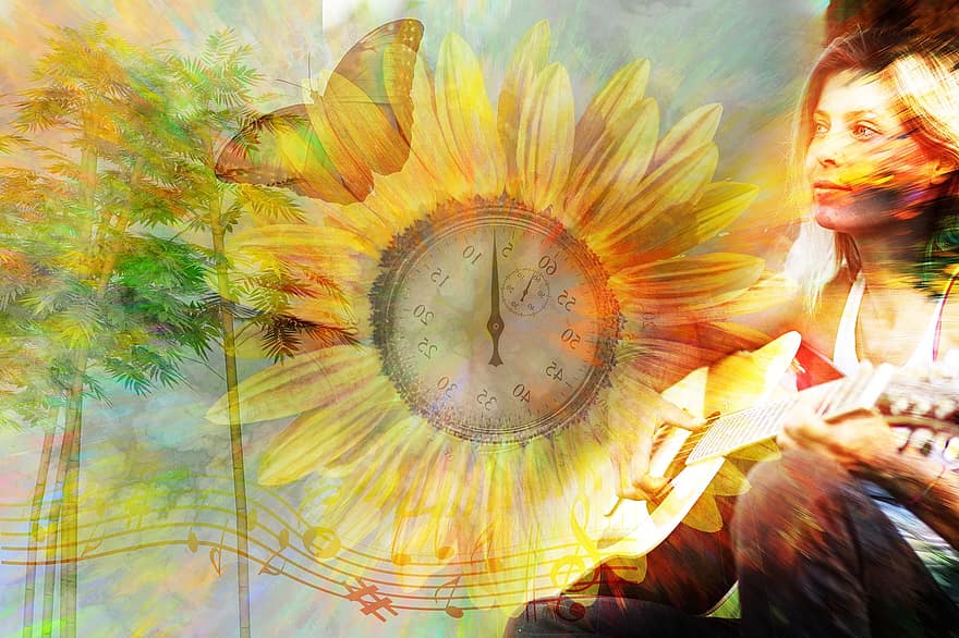 Stopwatch, Flower, Woman, Guitar, Guitarist, Musician, Butterfly, Time, Music, Musical Notes, Trees