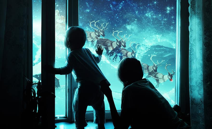 子供、窓、トナカイ、サンタクロース、好奇心が強い、子、母、可愛い、クリスマス精神、飛行、冬