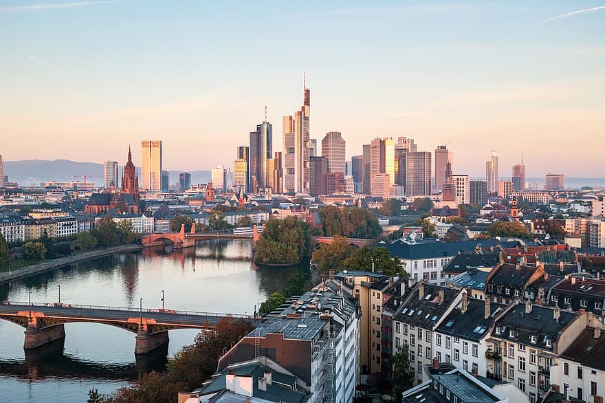 horizonts, frankfurte, galvenais, Vācija, pilsēta, pilsētas ainava, arhitektūra, moderns, birojs, uzņēmumu, tornis