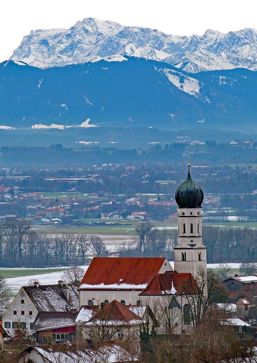 църква, планини, зима, Бавария
