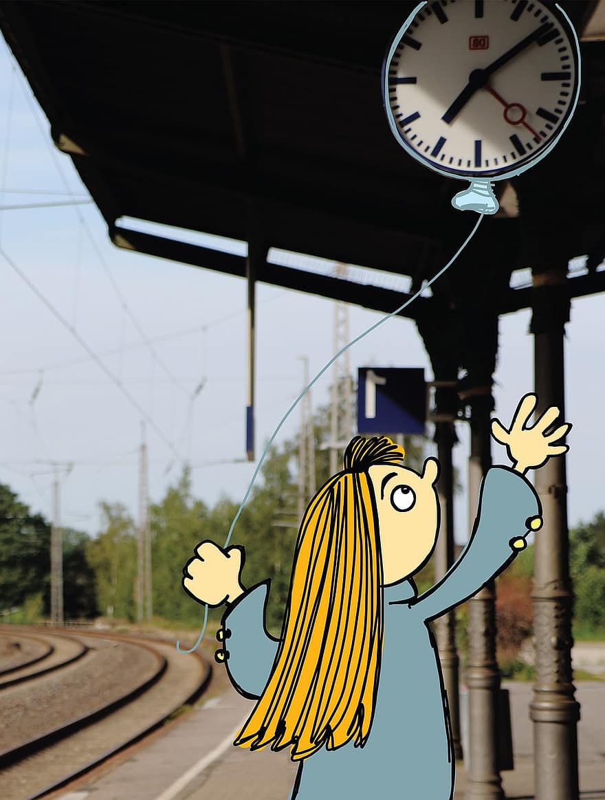 traukinių stotis, laikrodis, mergina, balionas, laikas, geležinkelio, stotis, lauke, pasiekti, koliažas, moterys