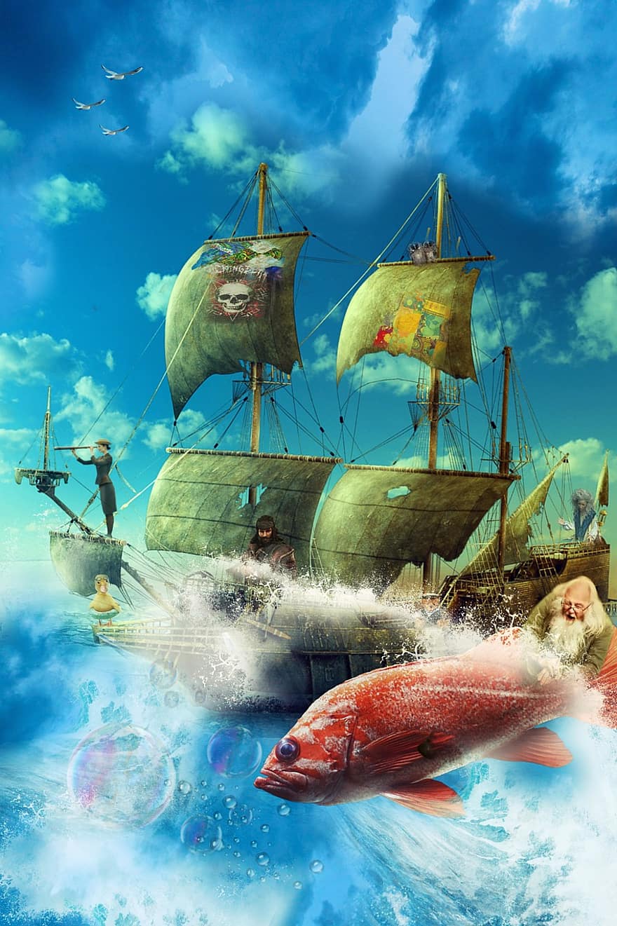 piratų laivas, žuvis, jūros, banga, senas vyras, vandenynas, burlaivis, buriavimas, kelionė, audra, svajonė