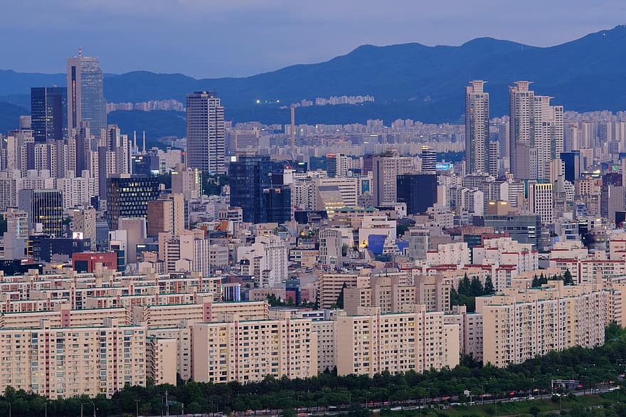 ciutat, Seül, urbà, edificis, arquitectura, Corea del Sud, gangnam, tarda, posta de sol, paisatge urbà, horitzó urbà