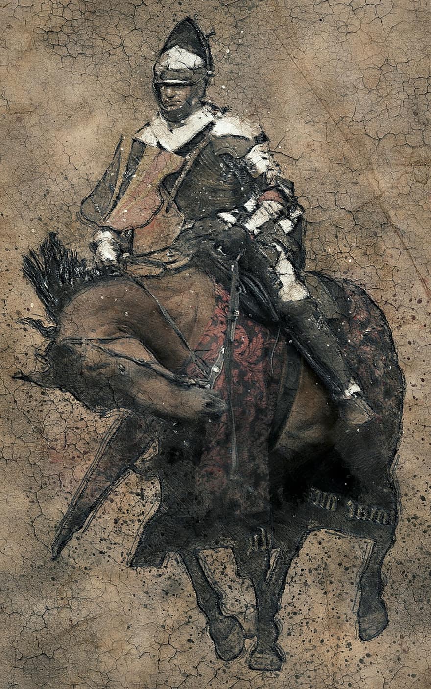 hest, ridder, rustning, lader, borg, emblem, soldat, fra middelalderen, digital manipulasjon, gammel stil, fotokunst