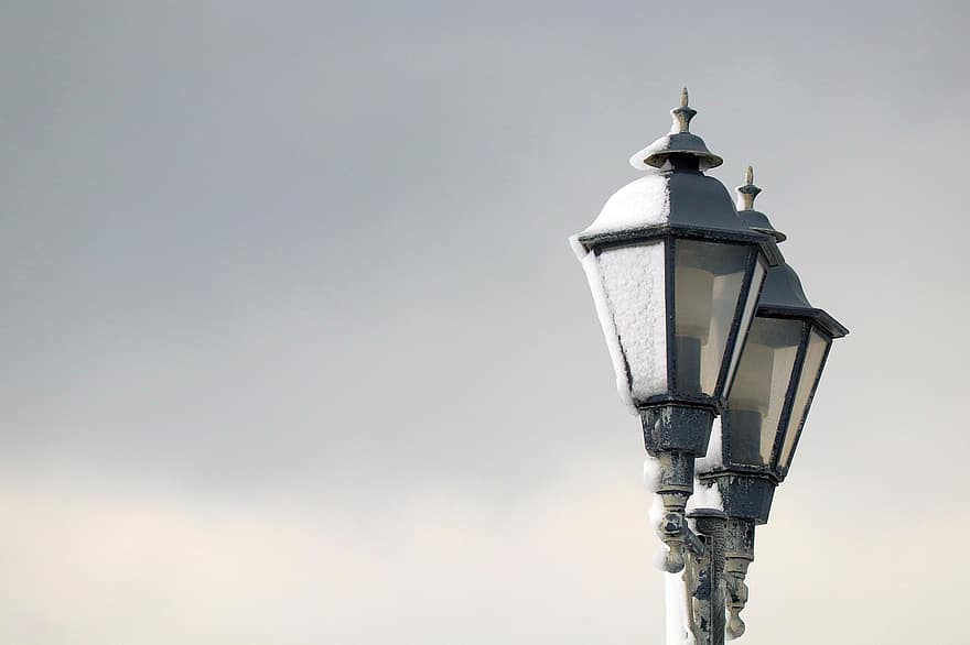 luminária, poste de iluminação, decoração, pólo, inverno, neve, frio, gelado, lanterna, lâmpada elétrica, metal