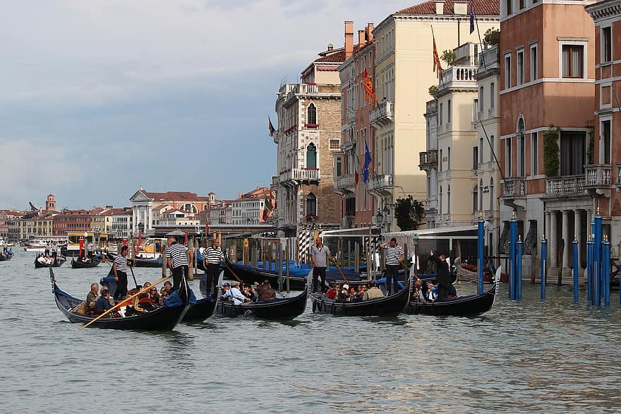 Gondolas, Canal, Waterway, Channel, Water, Destination, Vacation, Leisure, Tourists, Grand Canal, Venice