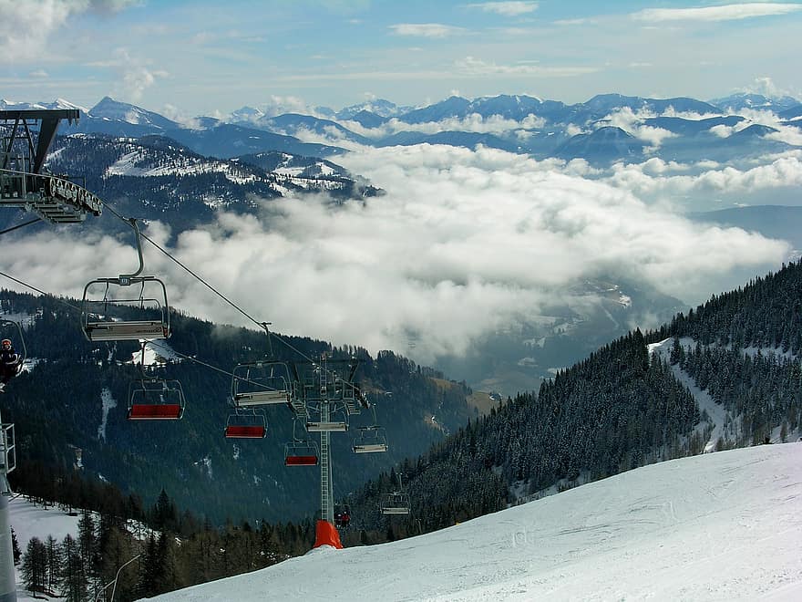 wyciąg narciarski, góry, śnieg, zimowy, chmury, kolejka gondolowa, kolejki linowe, Ośrodek narciarski, narty, Alpy, Góra