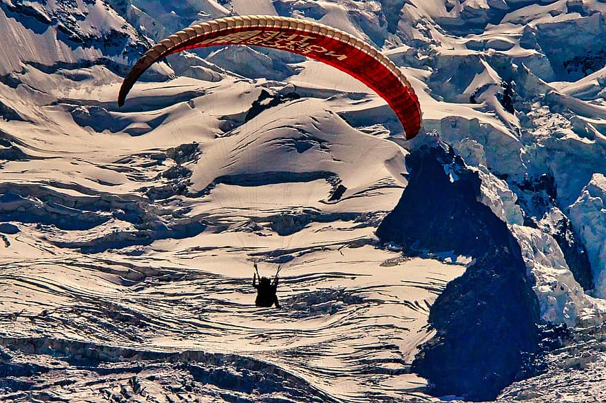 paragliding, góry, śnieg, zimowy, krajobraz górski, Chamonix, haute-savoie, Alpy, Góra, Sporty ekstremalne, sport