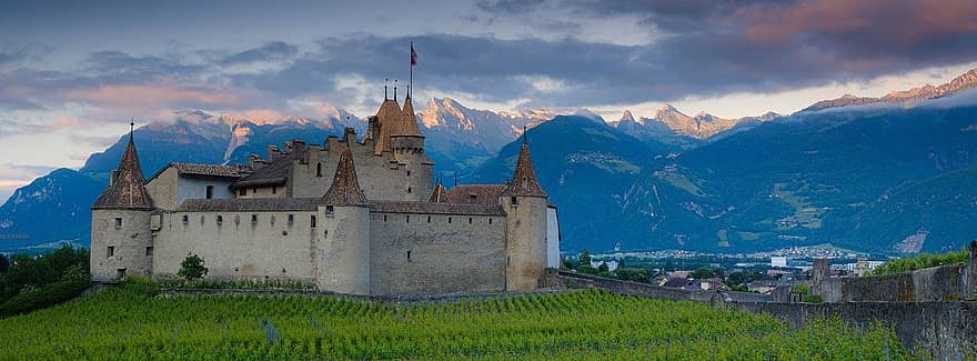 pilis, vynuogynas, aigle, romantika, Šveicarija, kalnas, architektūra, žinoma vieta, viduramžių, senas, istorija