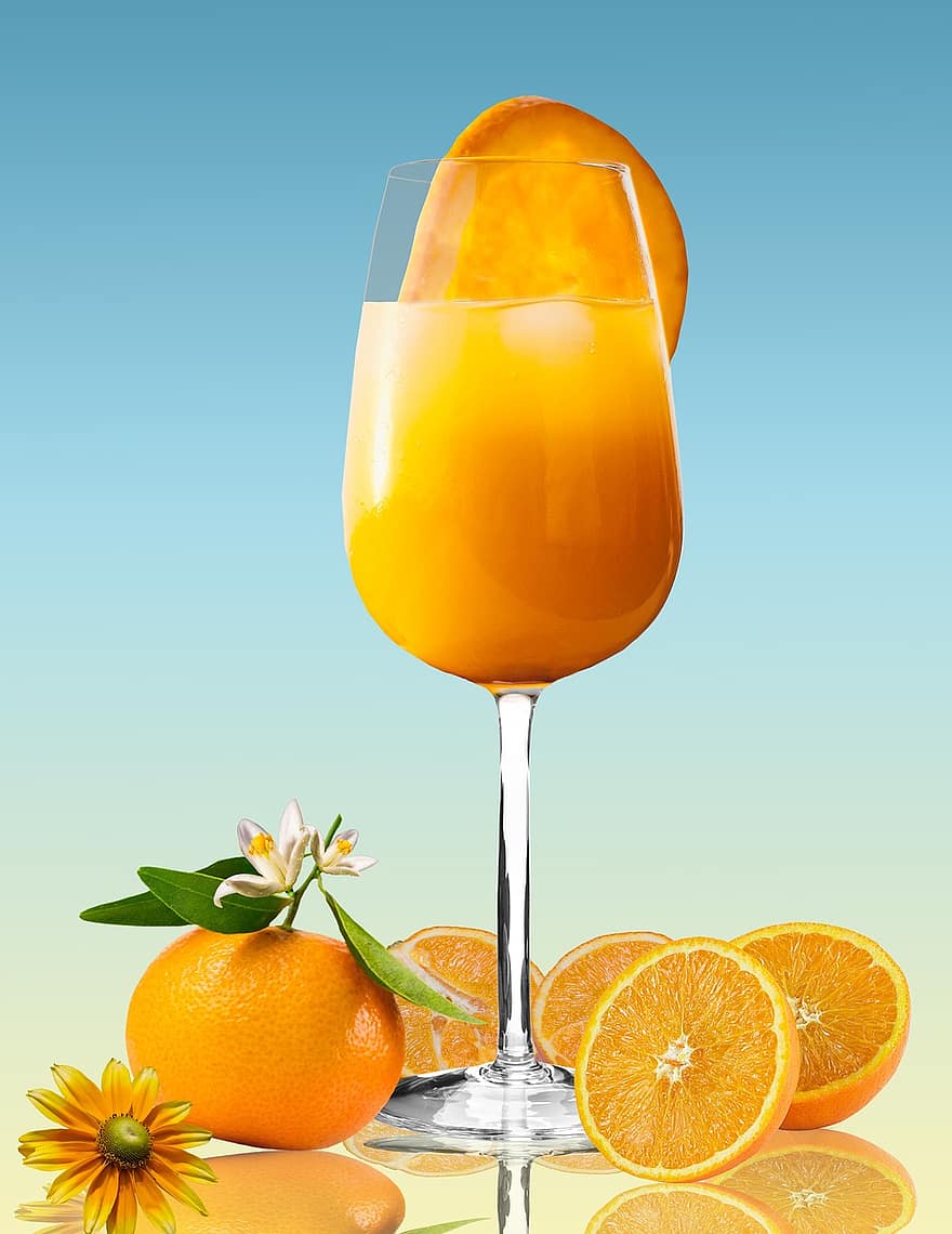 comida, comer, beber, zumo de naranja, jugo, vaso, naranjas, rodaja de naranja, flor de naranja, flor, floración