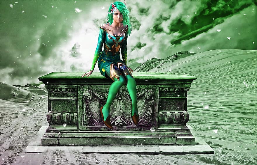 tło, elf, mistyczny, Zielony, Fantazja, kobieta, Płeć żeńska, awatara, postać, Sztuka cyfrowa