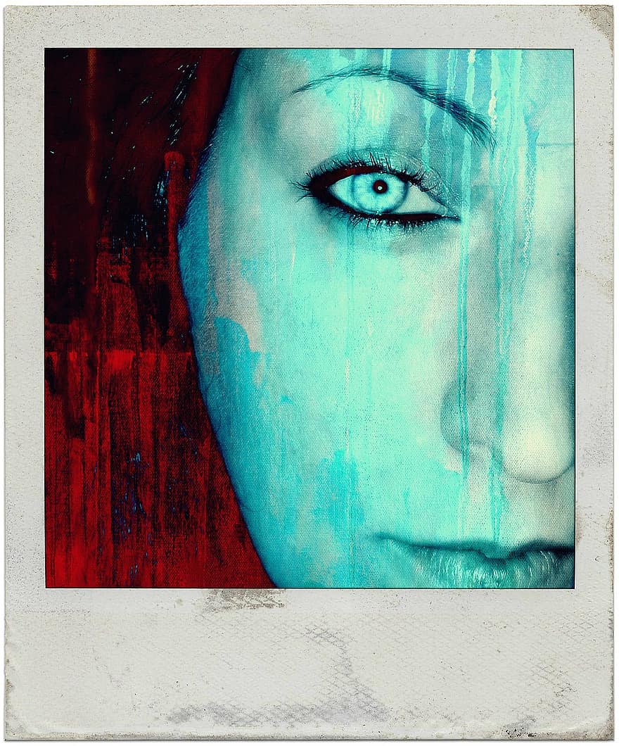 azul, mulher, olho, face, polaroid