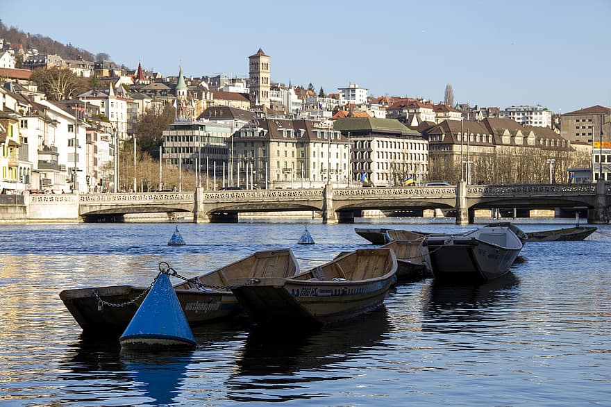 bateaux, rivière, immeubles, pont, limmat, chaloupes, vieille ville, ville, eau, Zurich, Suisse