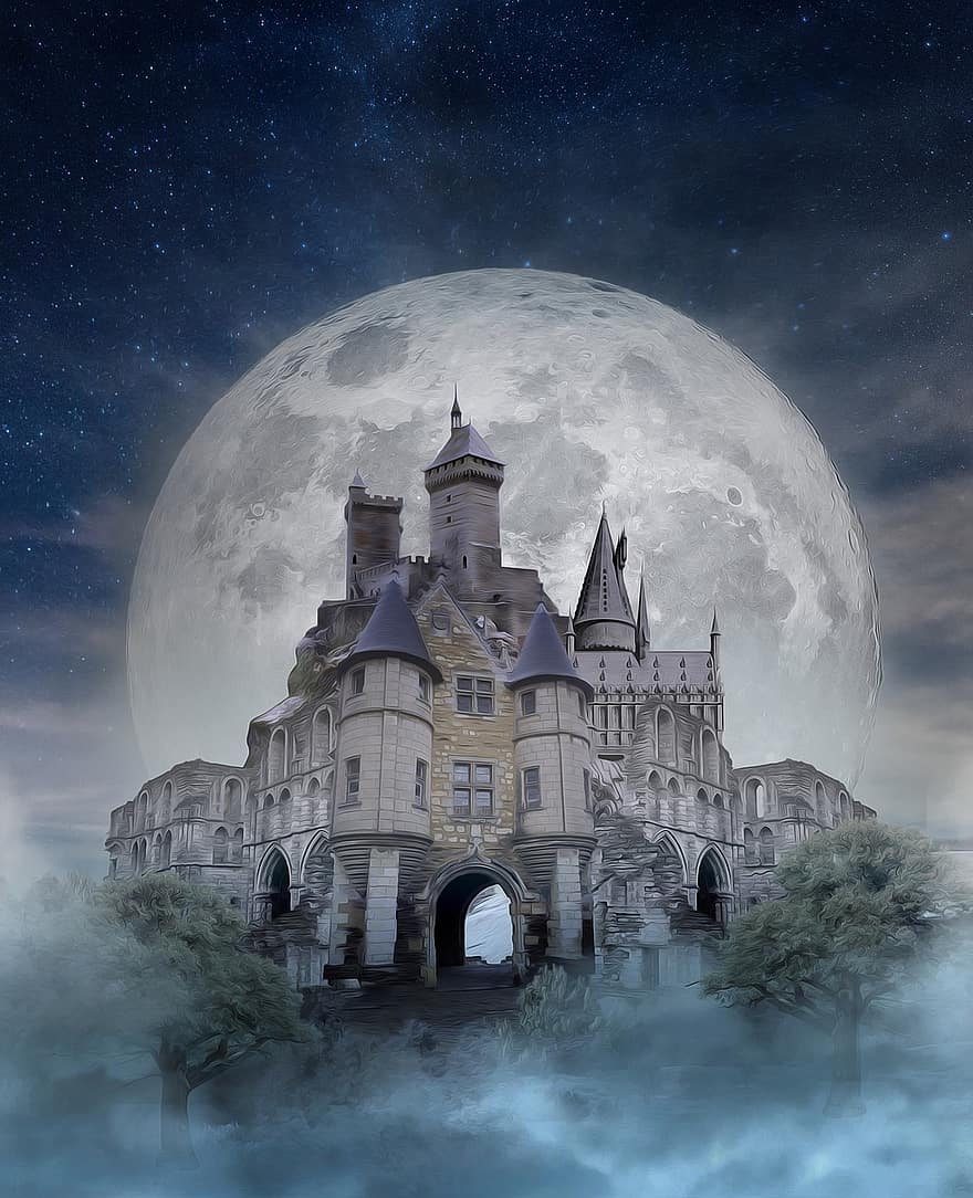 slott, måne, stjärnor, fantasi, dimma, magi, medeltiden, fästning, natt, arkitektur, månsken