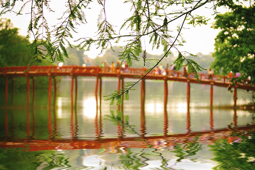 озеро, мост, отражение, Ханой, воды, архитектура