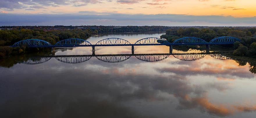 brug, rivier-, Wisla, Vistula rivier, infrastructuur, reflectie, mirroring, spiegelbeeld, kalme wateren, architectuur, banken