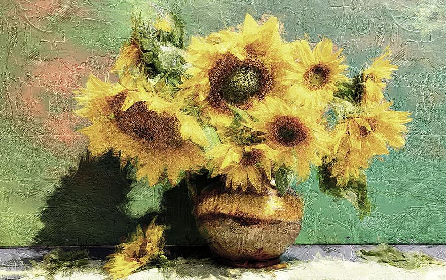 tournesols, vase à fleurs, photo d'art, nature morte, bouquet, fleurs, fleurs jaunes, vase, décoratif, décoration, décor