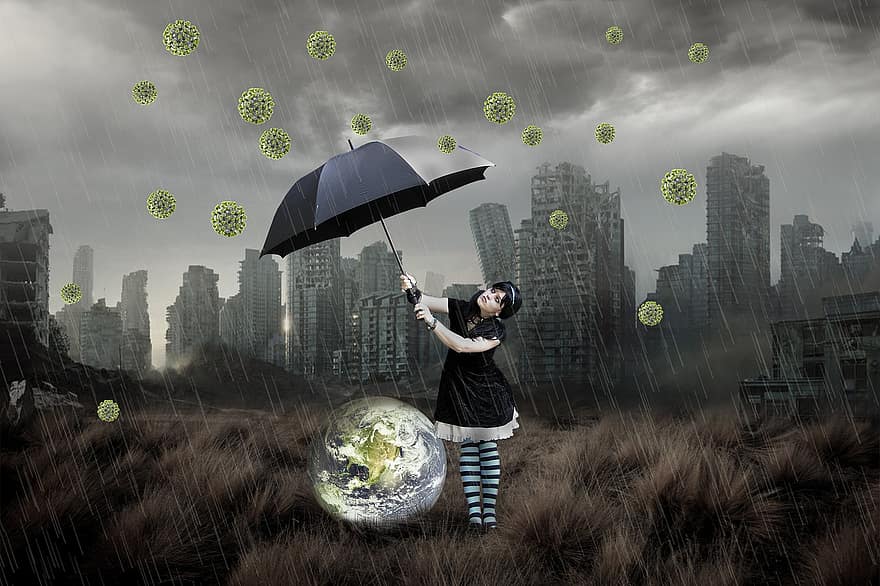 女の子、傘、ウイルス、地球、コロナウイルス、世界、シティ、保護、都市、雨が降って、降雨