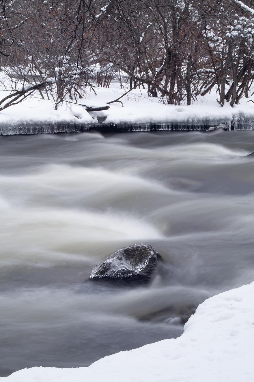 ziemā, upe, plūsma, ūdens, balts, ledus, raksturs, auksts, ainavu, sniegs, koks