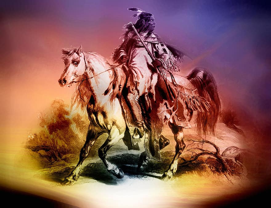 glezna, māksla, attēlus, Kārlis Bodmers, 1843. gads, Melnkāja-kareivis, indiānis, indiāņi, cilts, atkārtot, zirgs