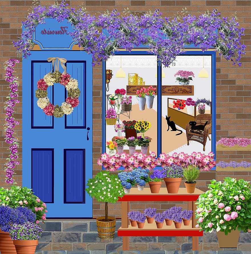 sklep, kwiaciarz, kolaż, kwiaty, garnki, czarny kot, kwiat korony