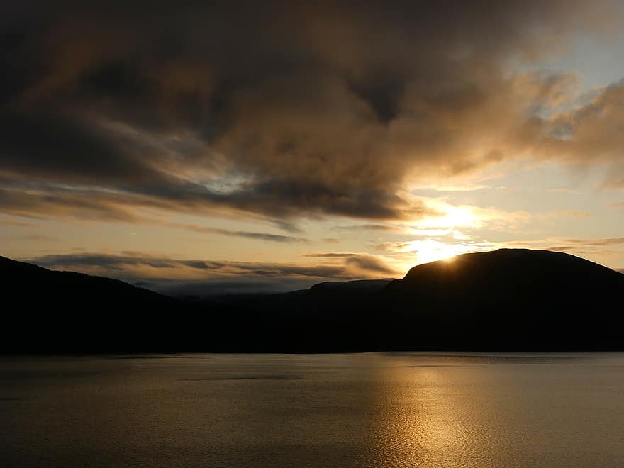 pajūrio, pobūdį, Norvegijoje, vandenyse, ežeras, saulėlydis, dangus, debesys