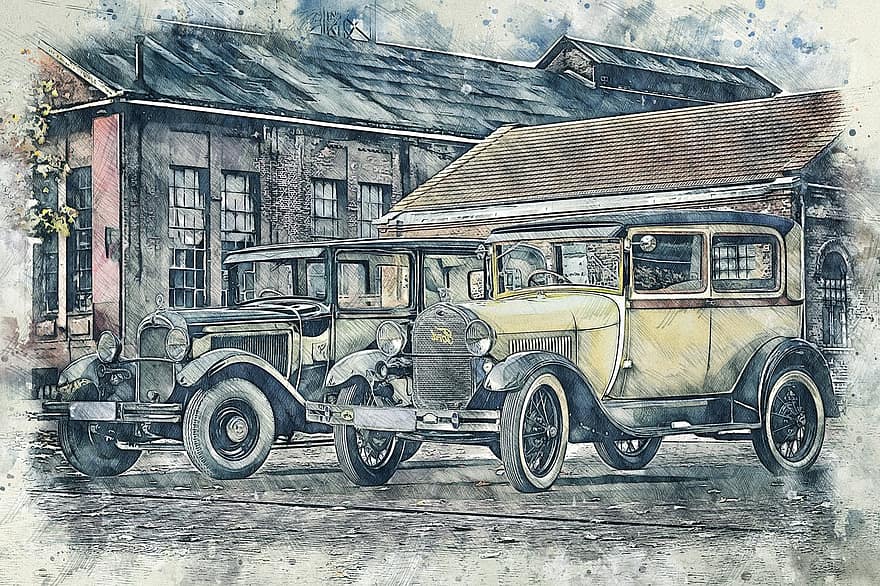 arte, carros, vintage, pintura, desenhando, esboço, carro antigo, clássico, automóvel, ford, histórico