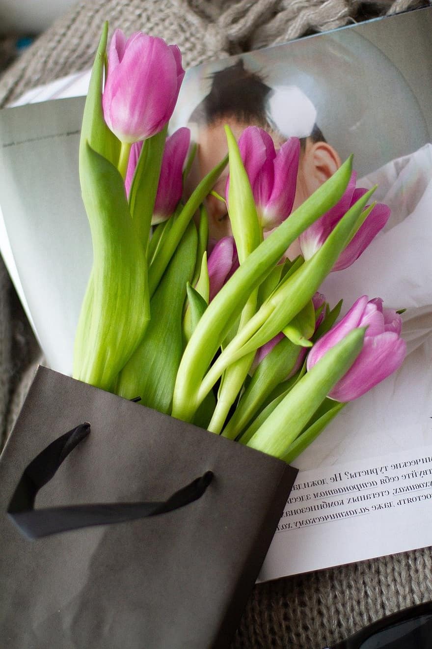 fleurs, tulipes, printemps, saisonnier, Floraison, fleur, cadeau, sac cadeau, tulipe, fraîcheur, bouquet