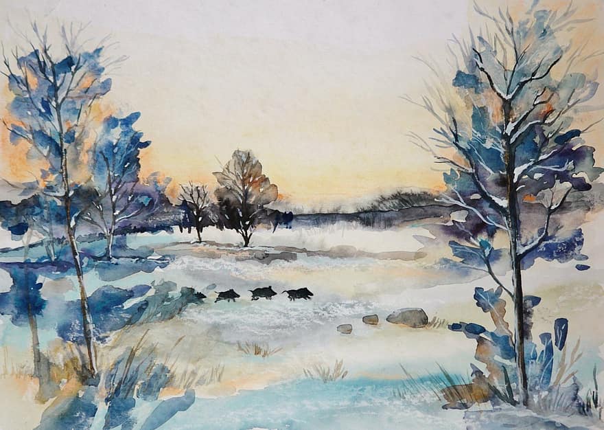 Winter, Snow, Image, Art, Painting, Watercolour, Wintry, Snowy, Winter Mood, Wild Boars, Wild Boar Rudel