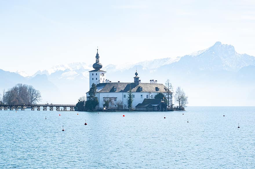 Austria, Gmunden, Ort, Traunsee, Castle, Church, Island, Lake, Mountains, Cold, Winter