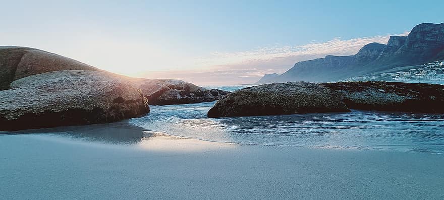 solnedgang, ocean, kyst, bjerge, Sydafrika, Capetown, strand, klipper, bølger, hav, vand