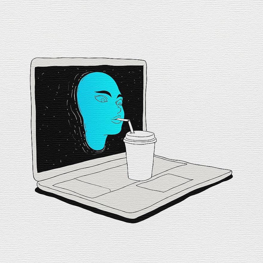 desenho animado, pintado à mão, computador portátil, computador, Internet, bebida, Starbucks