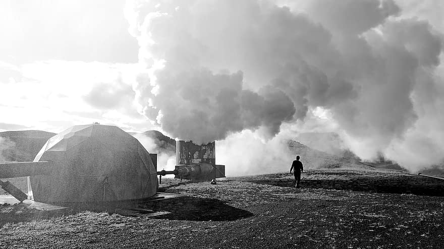 Islanti, tehdas, Geoterminen laitos, ympäristö, vuori, savu, fyysinen rakenne, höyry, miehet, maisema, sumu