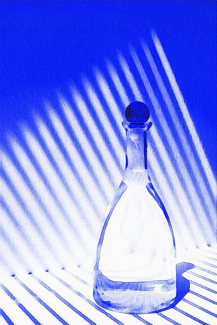 Botella azul acuarela, sombra, Acuarela Bodegón, botella, pintura, acuarela, pintar, vistoso, impresión, artístico, papel