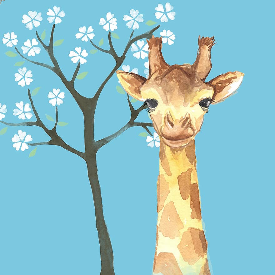 жирафа, дерево, цветы, высокий, животное, милый, мультфильм, наука, акварель