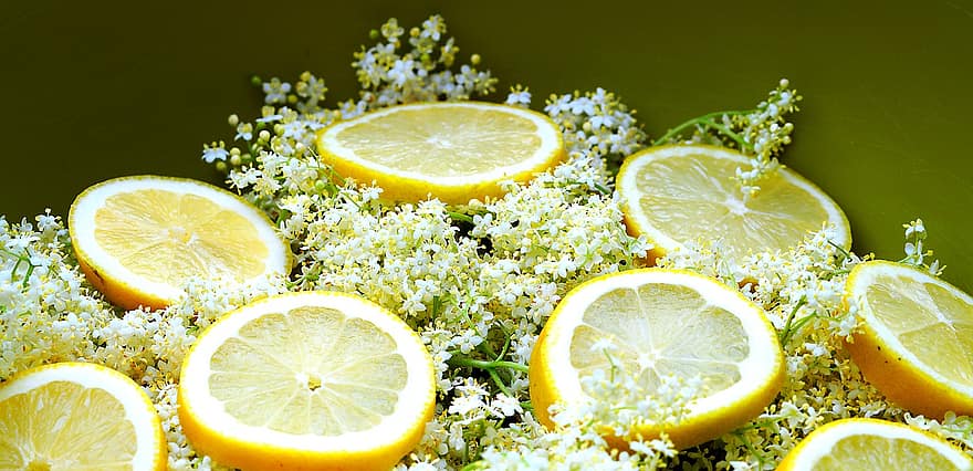 Elderflower, Lemons, Fruit, Flowers, Elder, Slices, Citrus, Food, Organic