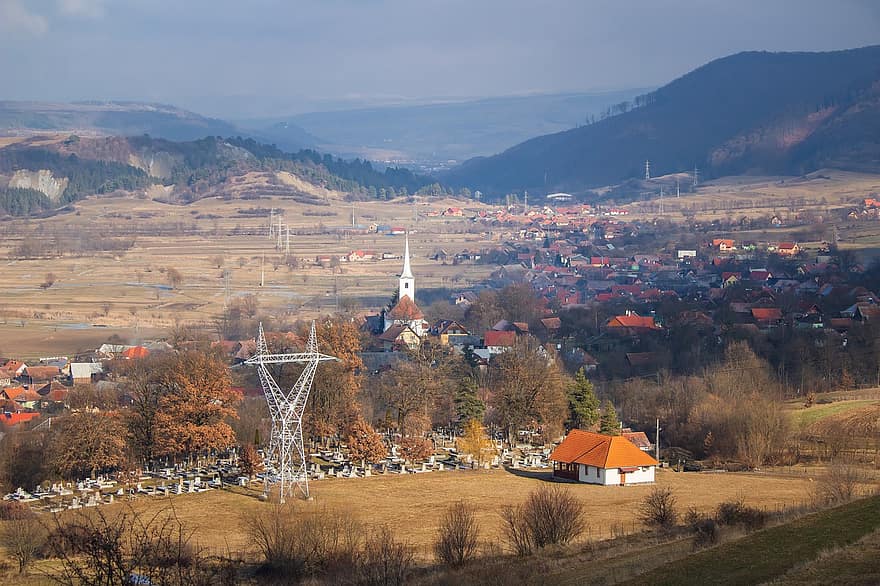 dorp, stad-, kerk, Transylvania, Roemenië, toerisme, berg-, herfst, landelijke scène, architectuur, landschap
