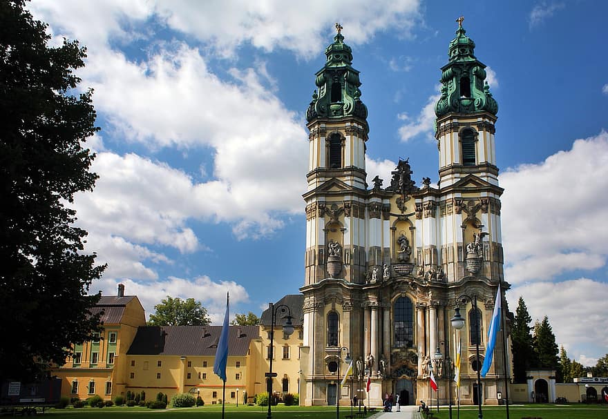basílica, santuário, Igreja, arbustos, Polônia, barroco, arquitetura, lugar famoso, cristandade, religião, exterior do edifício